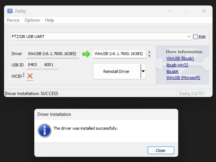 Installing WinUSB Driver with Zadig